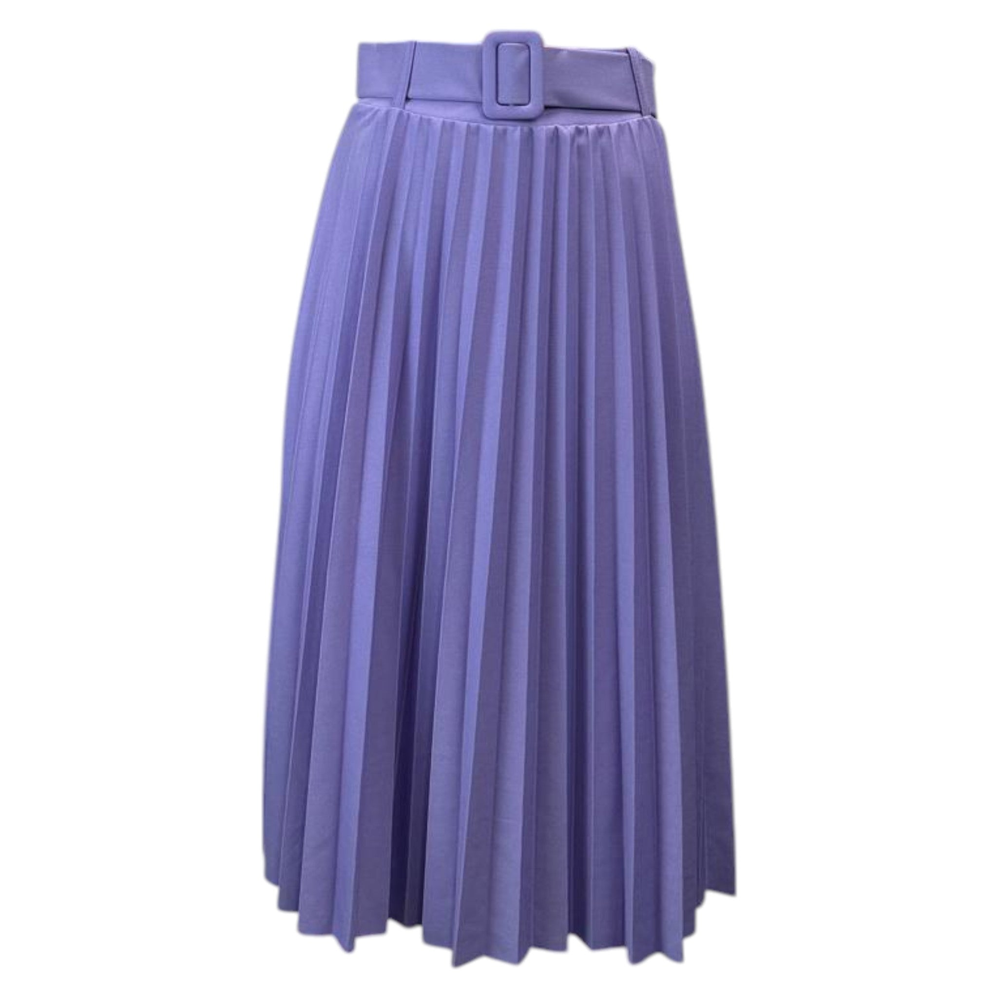 Women's vibrant lilac pleated midi skirt with belt – elegant high-waisted A-line design, ideal for formal and casual wear